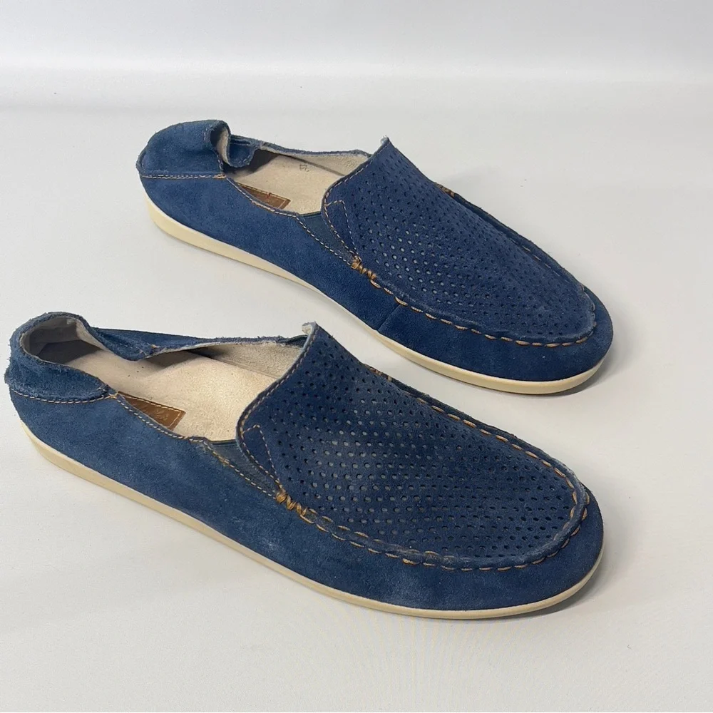 Olukai Nohea Blue Suede Leather Perforated Shoes Slippers Women’s Size 9